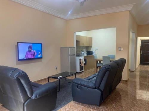 BrikamaIzzy Guest House的客厅设有两张沙发和一台墙上的电视