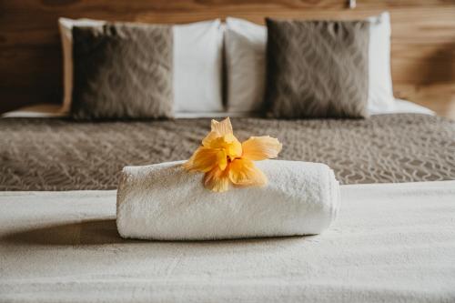 哈海海滩度假村塔塔希小屋酒店的床上的毛巾和鲜花