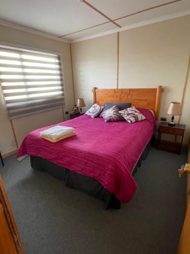 波韦尼尔Cabañas Porvenir Tierra del Fuego的一间卧室配有一张带红色毯子的大床