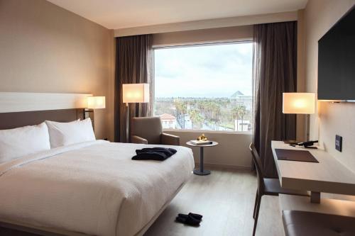 圣何塞圣荷西市中心万豪酒店的酒店客房设有一张床和一个大窗户