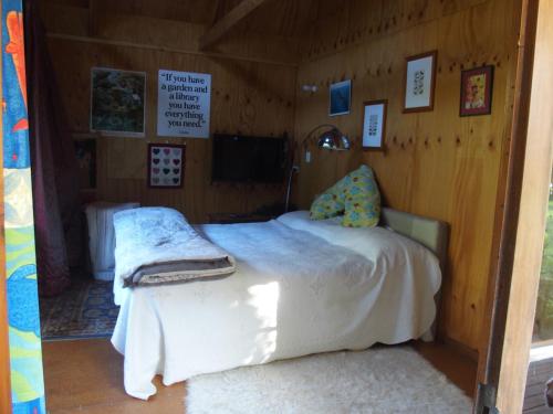 Parapara Woodland eco retreat的木制客房内的一间卧室,配有一张床