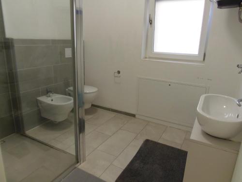 博尔扎诺Apartaments Claudia Augusta的带淋浴、盥洗盆和卫生间的浴室