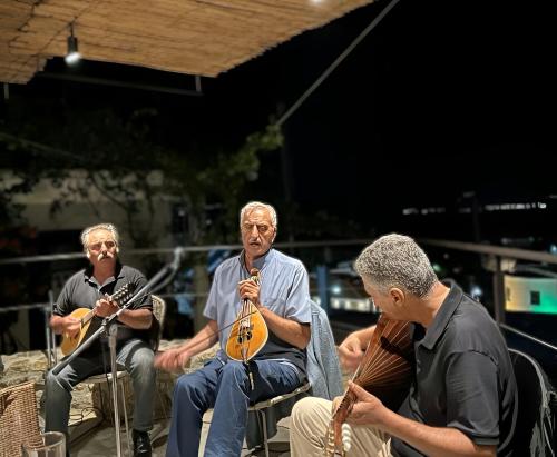 PírgosPyrgi Cretan Living & Spa的一群坐在椅子上演奏乐器的人