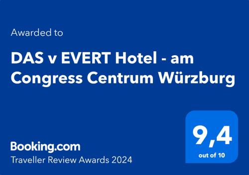 维尔茨堡DAS v EVERT Hotel - am Congress Centrum Würzburg的一个蓝色的标志,上面写着“das v”事件酒店,一个会议确认窗口