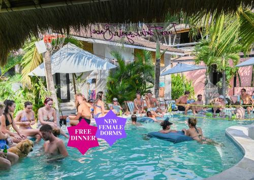 坎古Clandestino Hostel Canggu的一群人坐在度假村的游泳池里