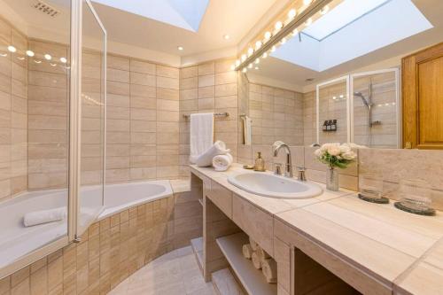 布鲁塞尔Chic Penthouse Grand-Place的一间带水槽、浴缸和淋浴的浴室