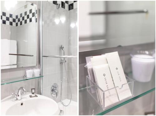 米兰纽约杜查迪大酒店的浴室的两张照片,配有水槽和镜子