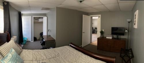 密歇根城Downtown Getaway的一间卧室配有一张床、一张书桌和一台电视