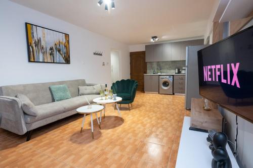 阿依纳帕Napa Centrale Suites的带沙发和平面电视的客厅