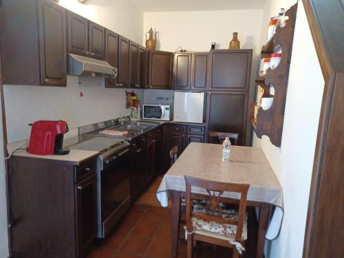 摩德纳DAM Home的厨房配有木制橱柜、桌子和柜台。
