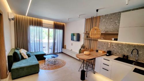 马克里亚罗斯Aelia Apartments的厨房以及带沙发和桌子的客厅。