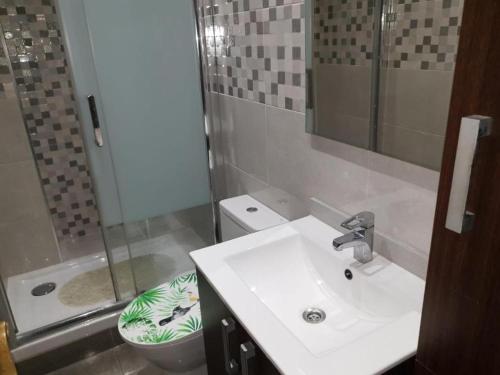 巴塞罗那SWEET HOUSE CLOSE TO AIRPORT的一间带水槽、卫生间和淋浴的浴室