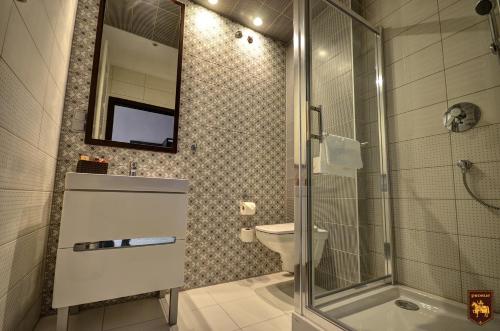 奥瓦瓦CTKiR普洛布斯啤酒酒店的一间带卫生间和玻璃淋浴间的浴室