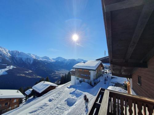 利德阿尔卑斯Chalet Tamara的雪覆盖的山上的滑雪小屋的景色