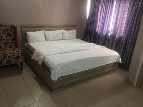 伊巴丹ClinClia Hotel2的一张带白色床单的床和一把椅子