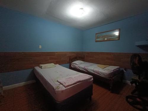 JinotegaHotel Sleep Inn Brumas的蓝色墙壁客房的两张床