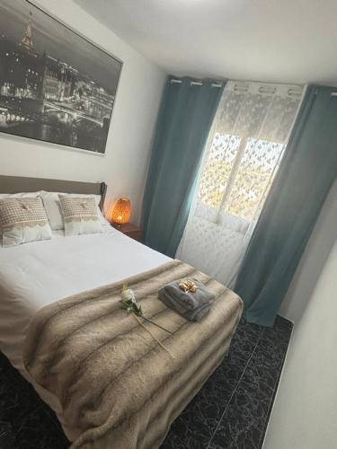 比利亚努埃瓦-赫尔特鲁Apartamento playa vilanova y la geltru的一间卧室配有一张带毯子的床和窗户