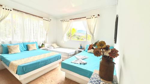 阿普洛Finca Hotel Villaruth的一间卧室设有两张床和窗户。