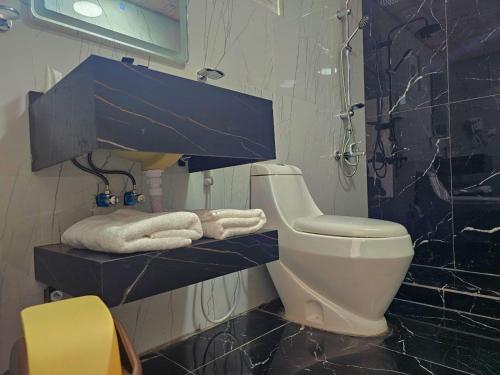 瓦迪拉姆Wadi rum anwar luxury camp的一间带卫生间、淋浴和毛巾的浴室