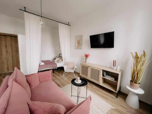 克维曾Apartament Pastelowy Kwidzyn的客厅配有粉红色的沙发和电视