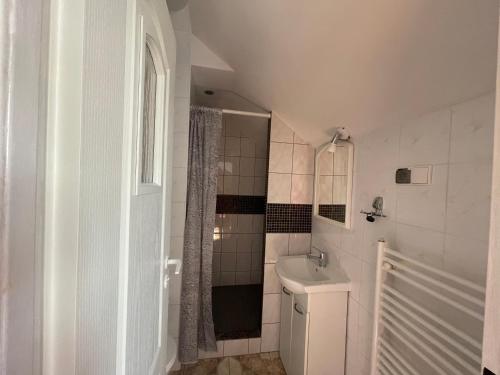 米兹多洛杰Willa Alka的白色的浴室设有水槽和淋浴。