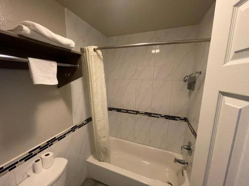 圣贝纳迪诺经济汽车旅馆的带淋浴、浴缸和卫生间的浴室