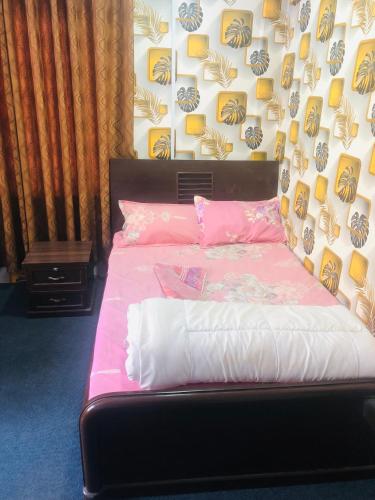 BurhānilkanthaEleven Eleven 11:11的一间卧室配有一张带粉色床单和壁纸的床。