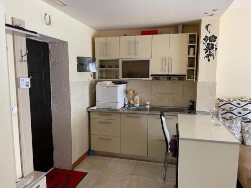 萨图马雷Apartament cu un dormitor / One bedroom apartment的厨房配有白色橱柜和台面