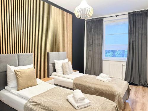 马佐夫舍地区新庄园DMK Green Apartment near Warsaw-Modlin Airport的客房设有两张床和窗户。