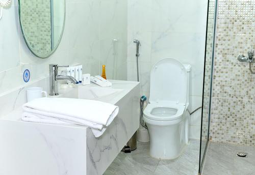 利雅德Art Suite的白色的浴室设有卫生间和淋浴。