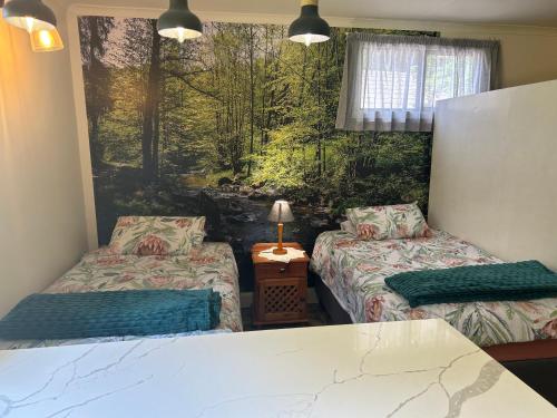 哈内茨堡Green Cottage的客房设有两张床和窗户。