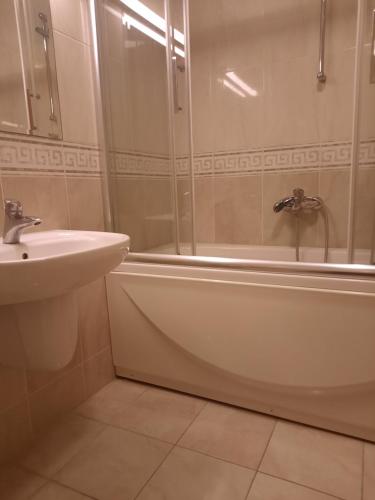 斯科普里Penthouse的一间带水槽、浴缸和淋浴的浴室