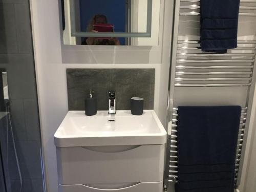 切辛顿Lovely Annexe near Surbiton/Kingston, SW London的浴室设有白色水槽和镜子
