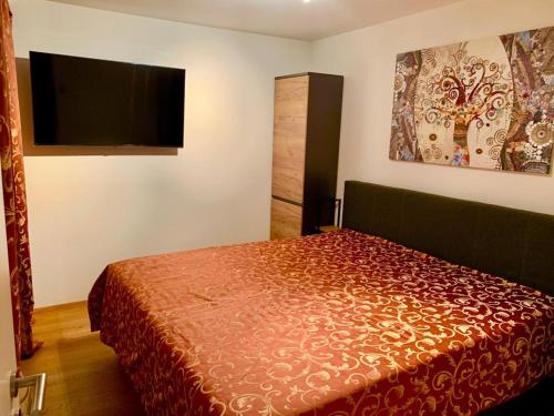 达沃斯WEF DAVOS PLATZ Centre 3,5 Apartment with Garage的一间卧室配有一张床和一台平面电视