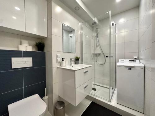 索波特MMRent Przytulny apartament w Sopocie的带淋浴、卫生间和盥洗盆的浴室