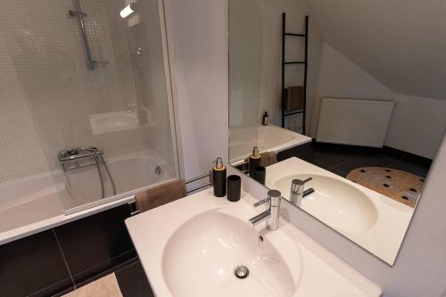 隆德泽尔Wit Peerd Guesthouse的浴室配有水槽、淋浴和浴缸。