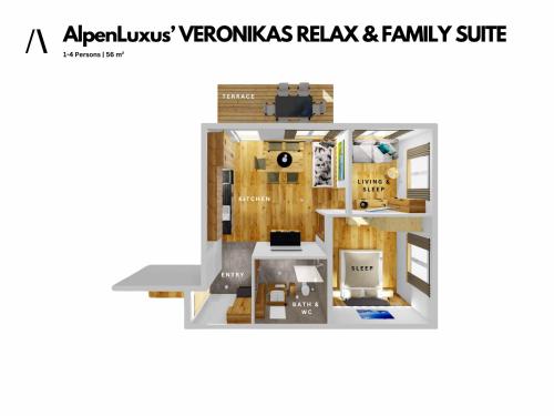 菲根AlpenLuxus' VERONIKAS Relax & Family Suite with sun terrace and car park的享有地面景致的客房 - 带桌子