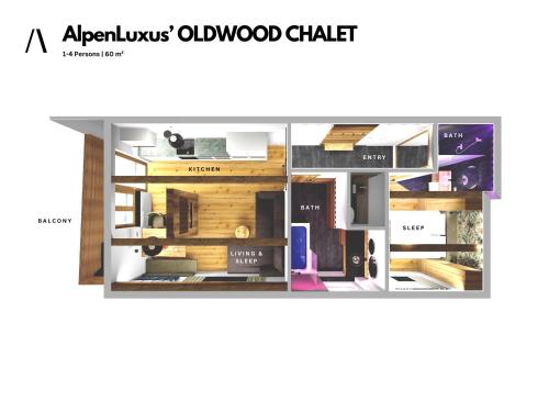 菲根AlpenLuxus' OLDWOOD CHALET with balcony & car park的木质镶板公寓的平面图
