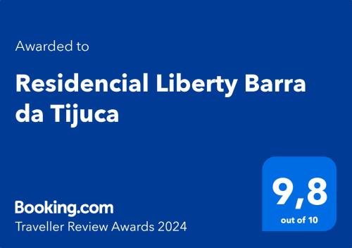 里约热内卢Residencial Liberty Barra da Tijuca的蓝色的长方形,文字翻译成住宅图书馆的Baraja da tikla