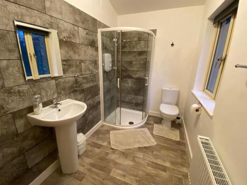 博伊尔Carrickamore Cottage的带淋浴、盥洗盆和卫生间的浴室