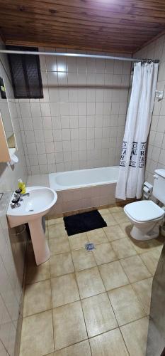 埃尔卡拉法特Matices Hostel Centro的浴室配有盥洗盆、卫生间和浴缸。