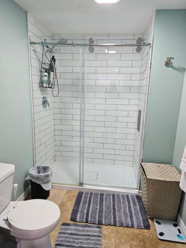 伦敦Amazing cozy fully private studio的带淋浴和卫生间的浴室