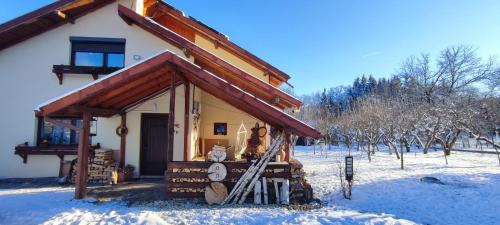 BrăduleţCottage in traditional village Bradulet, Arges county的雪中小屋,有雪覆盖的树木