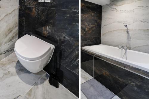 AstwickOYO Tudor Oaks Lodge Stevenage North的浴室的两张照片,配有卫生间和水槽