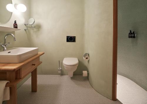 布雷根茨kleiner Löwe – Stadthotel Bregenz的一间带水槽、卫生间和淋浴的浴室