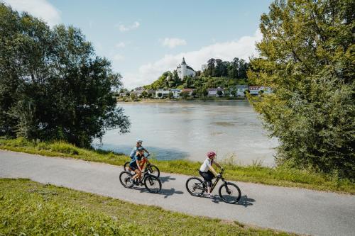 奥滕斯海姆Privatzimmer - Sieben an der Donau的三人骑着自行车沿着河边的小路行驶