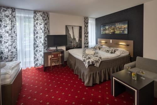Ujčov祖布尔酒店的酒店客房,配有床和电视