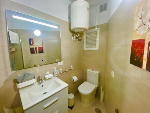 洛斯克里斯蒂亚诺斯Liwia beautiful apartment in the first Oceanline in Los Cristianos.的一间带水槽、卫生间和镜子的浴室