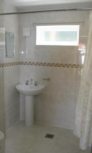 CrosskeysCastle Lodge的白色的浴室设有水槽和窗户。
