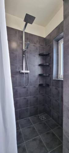 不莱梅Zweibettzimmer "Grün" in zentraler Lage的浴室内配有淋浴和头顶淋浴